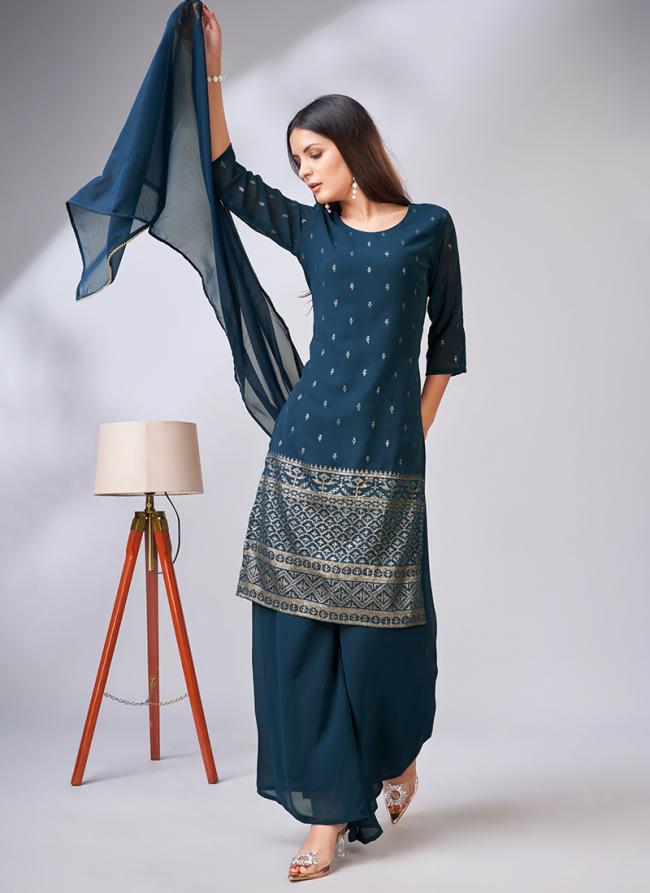 Faux Georgette Blue Traditional Wear Sequence Work Readymade Palazzo Suit